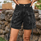 Denim cargo pants American style casual shorts with pockets and elastic waist