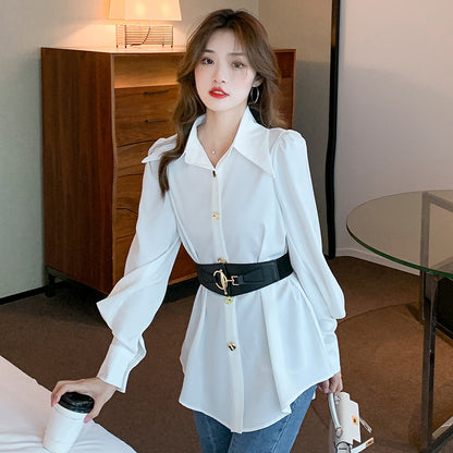 New spring elegant long sleeve blouse with metal buckle and belt