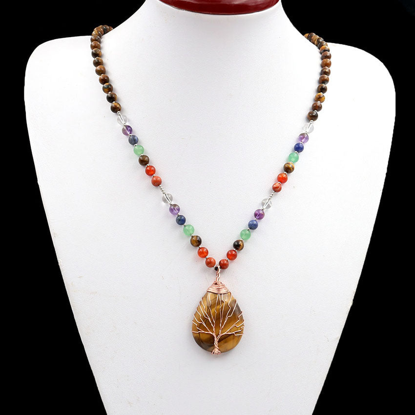 Natural Tiger Eye Rose Gold Wrap Water Drop Tree of Life Pendant Tiger Eye Round Bead Sweater Chain