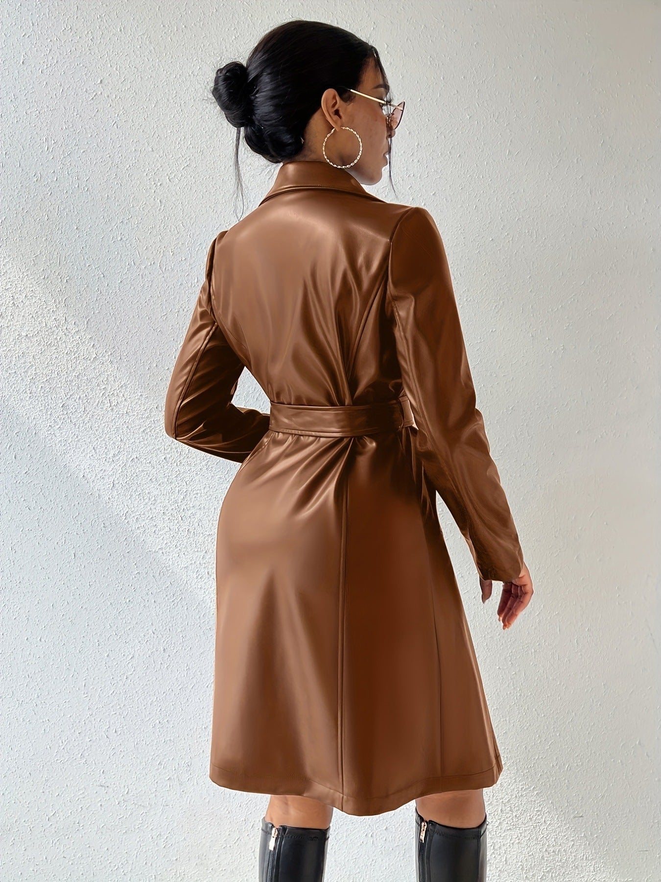 Langärmliges PU-Kleid für Damen mit schlanker Passform, langer Trenchcoat