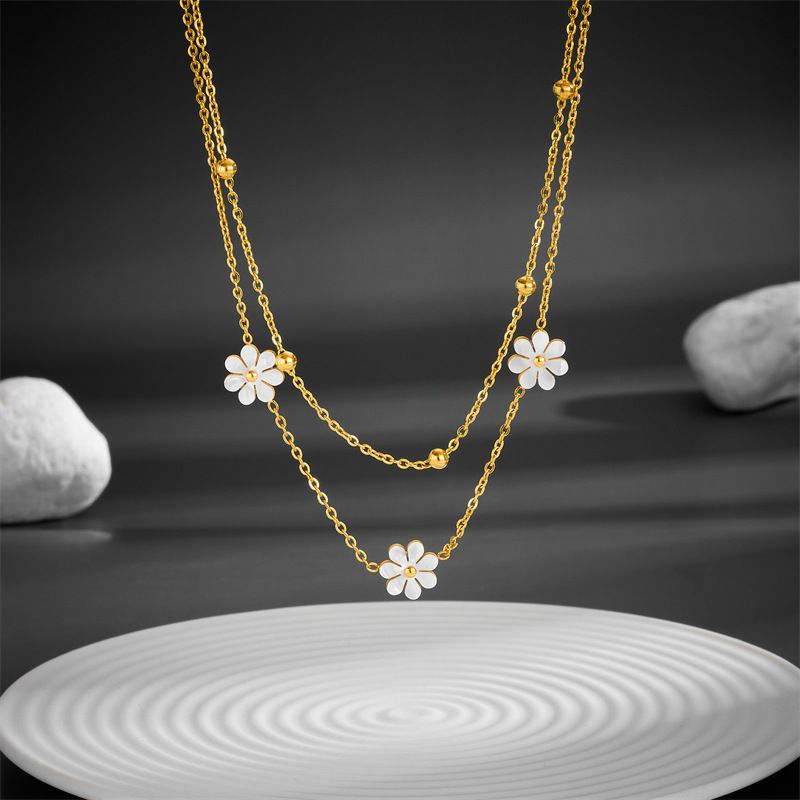 Fashion Jewelry Stainless Steel Flower Daisy Flower Necklace Double Layered Necklace Earrings Jeweley Set