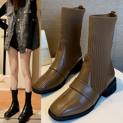 Britischer Stil mittelhohe Martin-Stiefel mit quadratischer Zehenpartie für Damen