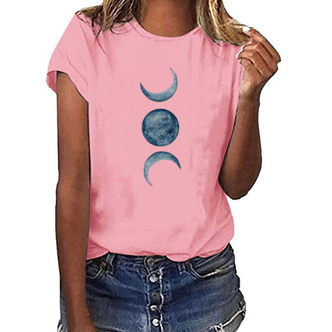 Casual European and American moon print round neck t-shirt