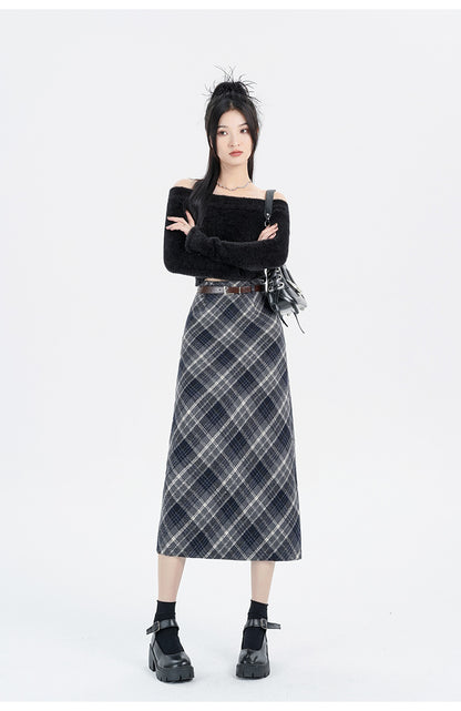 Straight Woolen Plaid Skirt Mid-length Hip Skirt