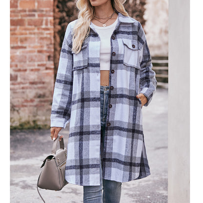 Casual long coat with checked flannel shirt