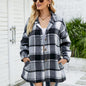 Women's long sleeve checked shirt Mid-length wool coat