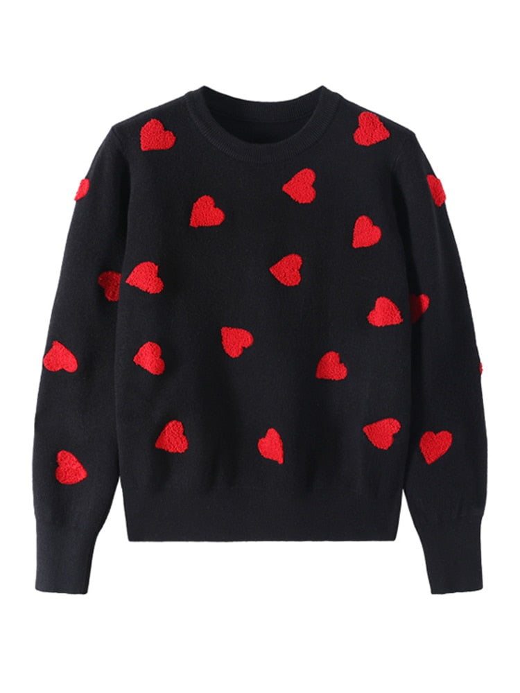 Spring Embroidery Heart Women Sweater O-neck Kawaii Fashion