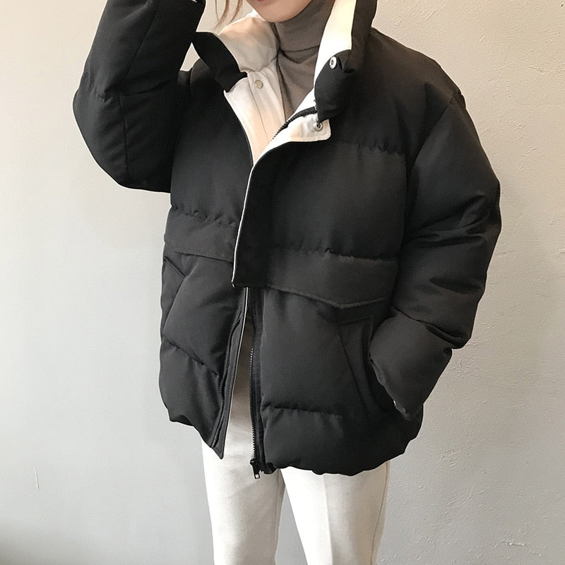 Women Winter Jacket Streetwear Polyester Zipper Straight 3 Solid Color Padded Coat Warm