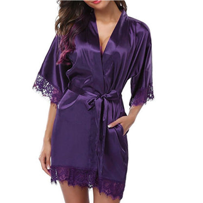 Silk Lace Dress Women's Sleepwear Mini Robe Half Sleeve Lace Bathrobe Sexy Lingerie Night Dress Thongs Nightgown