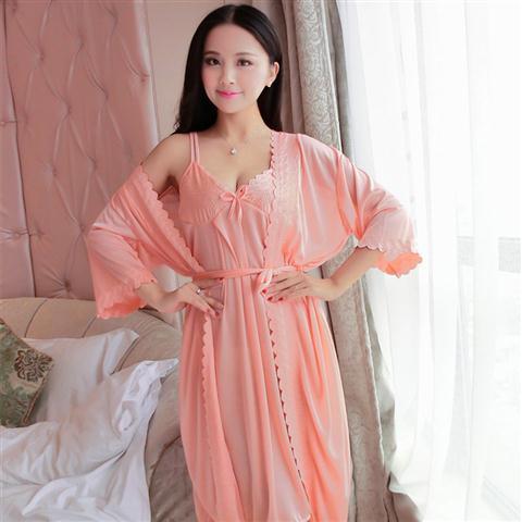 Robe Gown Sets Women 2pcs Solid Ice-silk Trendy Casual Lace Up Home Popular 3XL Loose Sleepwear Sexy Thin Womens Women Bathrobe Chic