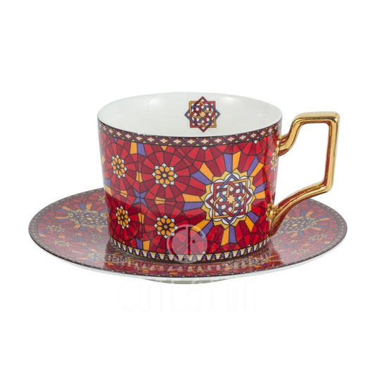 Moroccan Style Luxury Coffee Cup and Saucer Set with Gold Handle for Special Coffee Cappuccino Ceramic Tea Cup 250ml