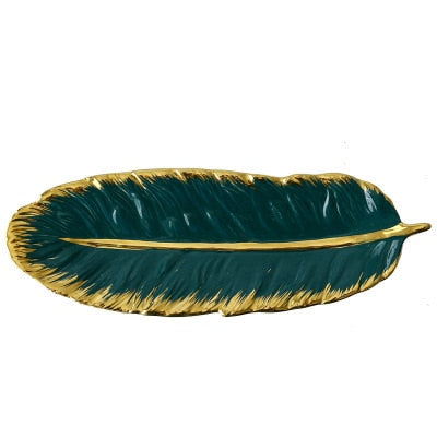 Luxury Ceramic Platter Tray with Glod Rim Green Leaf Glod Feather Jewelry Makeup Brush Storage Decorative Sushi Plate