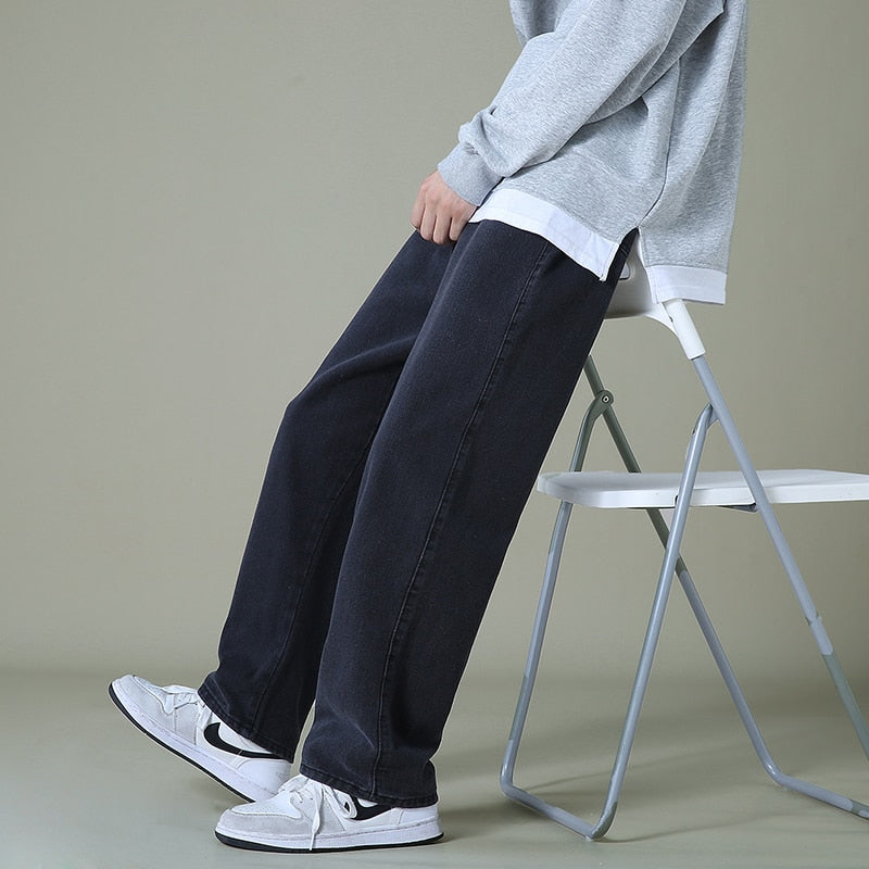 New autumn men denim wide leg pants korean style straight light blue baggy jeans elastic waist students trousers male black gray