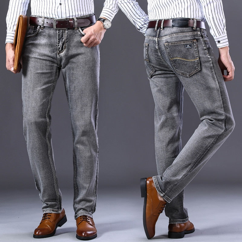 New Men's Stretch Regular Fit Jeans Business Casual Classic Style Fashion Denim Trousers Male Black Blue Gray Pants