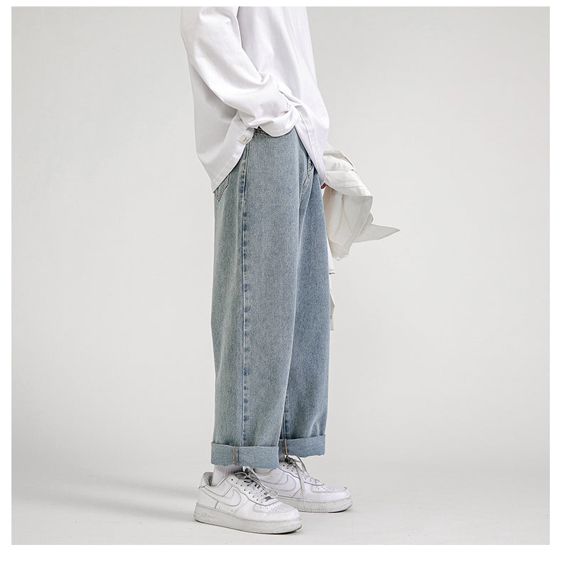 Korean fashion men's baggy jeans classic all-match solid color straight leg wide leg jeans male light blue gray black