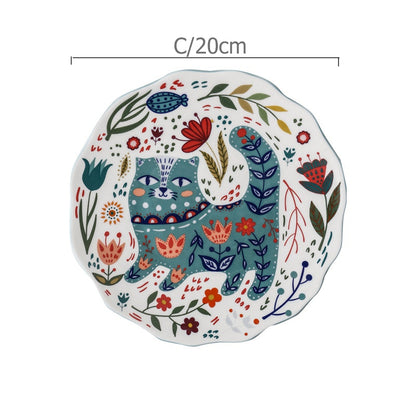 8 inch Colorful Cat Dinner Plate Under-glazed Ceramic Dinner Dishes Dessert Tray Flower Kitten Tableware Microwave Safe