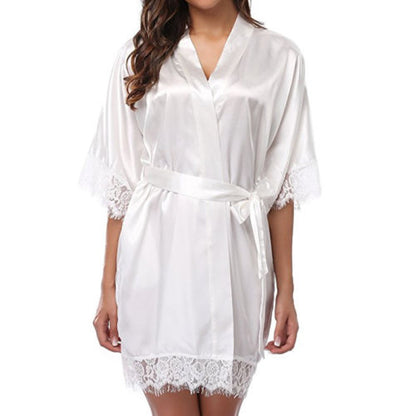 Silk Lace Dress Women's Sleepwear Mini Robe Half Sleeve Lace Bathrobe Sexy Lingerie Night Dress Thongs Nightgown