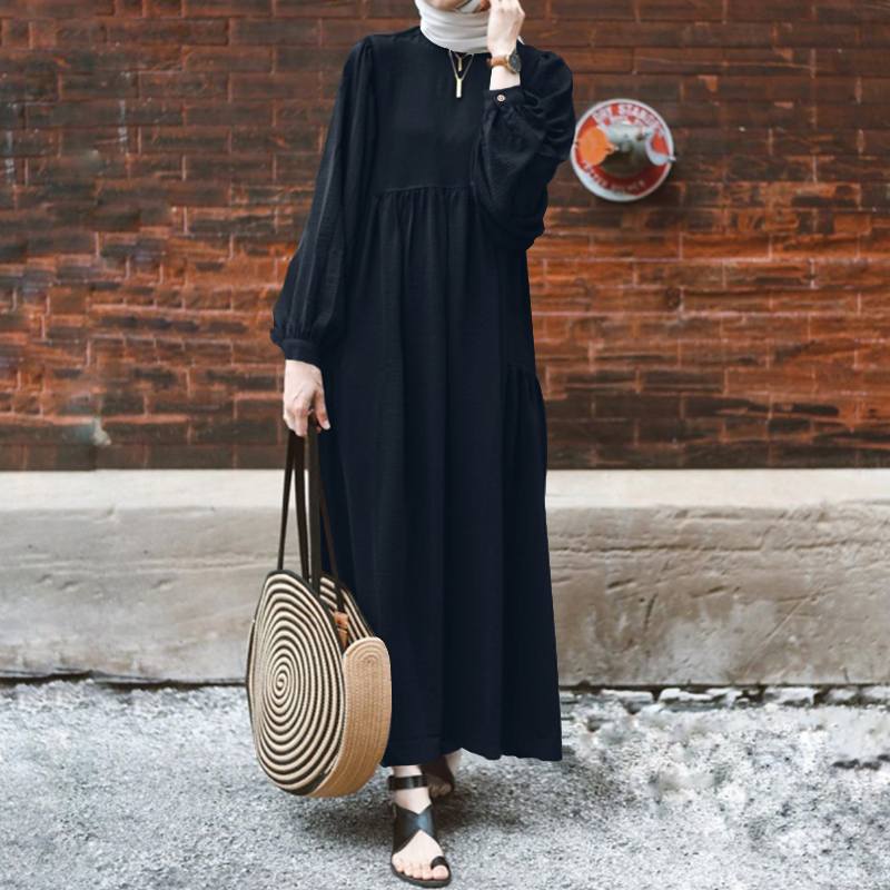 Retro Muslim Dress Women Long Puff Sleeve