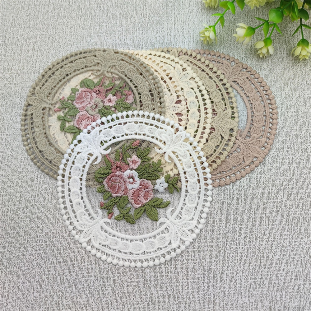 12cm Vintage Lace Coaster Placemat Embroidery Craft Bowls Coffee Cups Coaster European Style Fabric Anti-scald Table Plate Mat