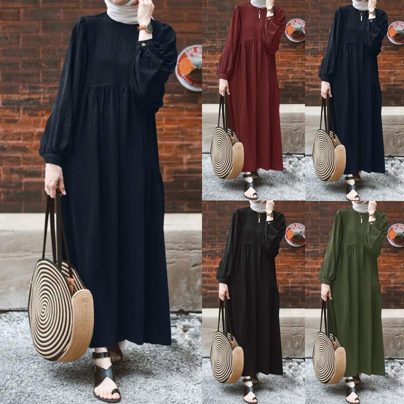 Retro Muslim Dress Women Long Puff Sleeve