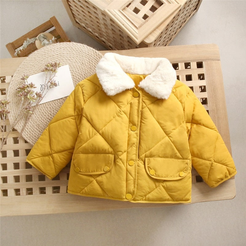 Neue Winter Kinder warme Baumwoll jacken Kaninchen Pelz Kragen Mäntel Baby kurze Stepp jacke