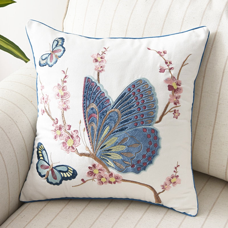 Butterfly Cushion Cover 45x45cm Flowers Country Style Pillow Cover Cotton Embroidery Suqare Home decoration for Living Room