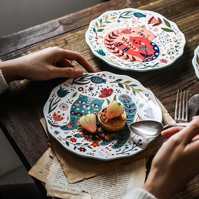 8 zoll Bunte Katze Abendessen Platte Unter-glasierte Keramik Abendessen Gerichte Dessert Tray Blume Kätzchen Geschirr Mikrowelle Sicher