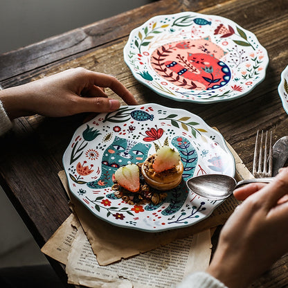 8 inch Colorful Cat Dinner Plate Under-glazed Ceramic Dinner Dishes Dessert Tray Flower Kitten Tableware Microwave Safe