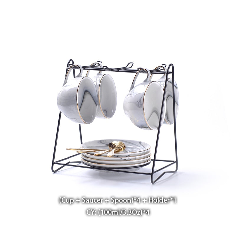 Marmorierung Porzellan Tee-Set Nordic Keramik Tee Tasse Topf mit Candler Sieb Floral Teekanne Set Café Becher Teegeschirr Kaffee Tasse teetasse