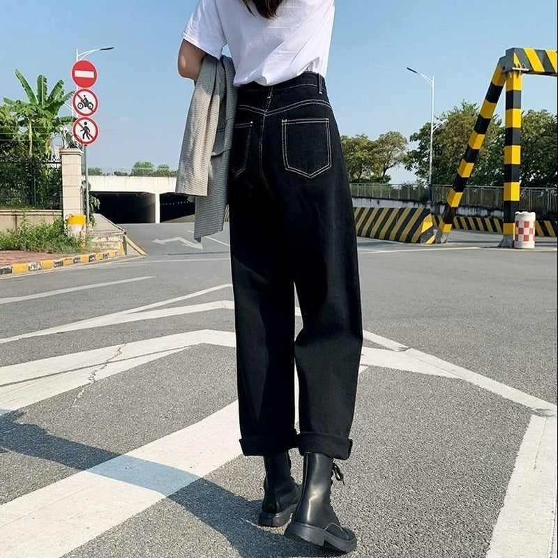 Jeans Women All-match Korean Style Mopping Trousers Denim Vintage Black Solid High Waist Autumn Baggy Chic Ulzzang Street Casual