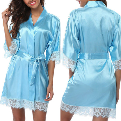 Silk Lace Dress Women's Sleepwear Mini Robe Half Sleeve Lace Bathrobe Sexy Lingerie Night Dress Thongs Nightgown