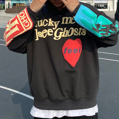 Graffiti Letter Foam Plus Velvet Kanye Sweatshirts Men's Oversized Fleece