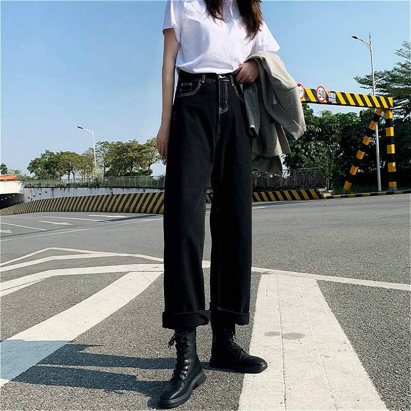 Jeans Frauen Alle-spiel Koreanischen Stil Wischen Hosen Denim Vintage Schwarz Feste Hohe Taille Herbst Baggy Chic Ulzzang Straße casual