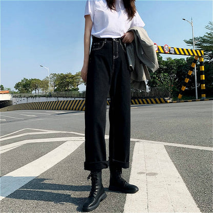 Jeans Women All-match Korean Style Mopping Trousers Denim Vintage Black Solid High Waist Autumn Baggy Chic Ulzzang Street Casual