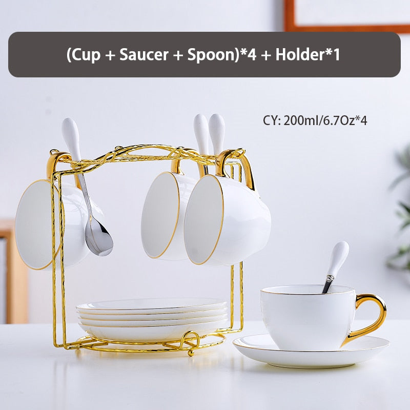 Elegante Bone China Tee-Set Porzellan Duftenden Tee Tasse Keramik Topf Floral Teekanne Set Café Becher Kaffee Tasse Weiß Gold teetasse Teaset