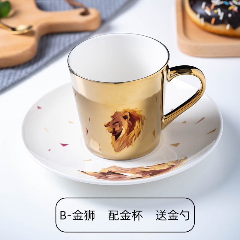 Ins Mirror Reflection Cup Coffee Mug Picasso Ceramic Coffee Cup and Saucer Set lion Funny Mugs for Friend Birthday Best Gift