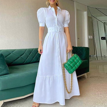 Summer Puff Shoulder Party Dress Spring Solid Button Long Shirt