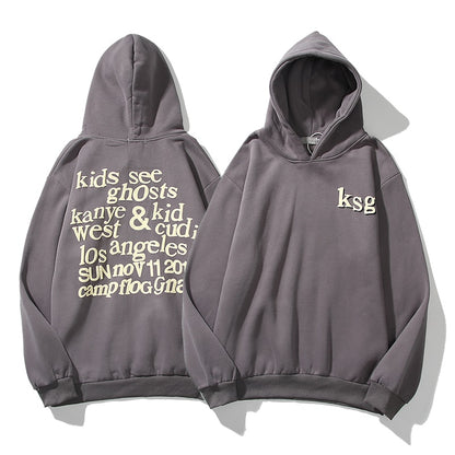 Graffiti Letter Foam Plus Velvet Kanye Sweatshirts Men's Oversized Fleece