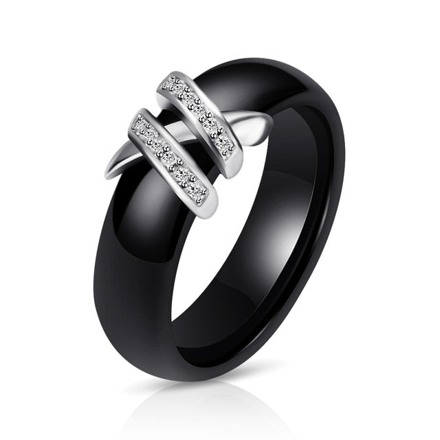 New arrival black white colorful ring ceramic ring for women with big crystal wedding band ring width 6mm size 6-10 gift for men