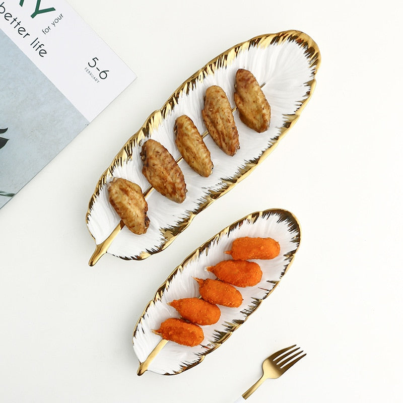 Luxury Ceramic Platter Tray with Glod Rim Green Leaf Glod Feather Jewelry Makeup Brush Storage Decorative Sushi Plate