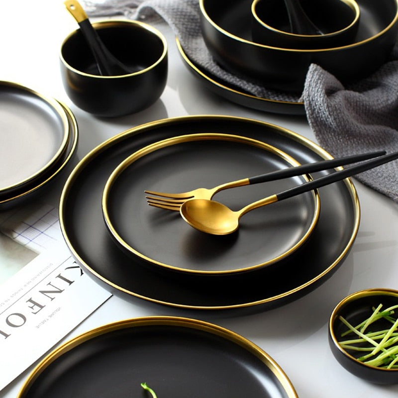 Black Dinnerware Set Ceramic Plates Dishes Plates and Bowls Set Food Plate Salad Soup Bowl Tableware Set for Restaurant