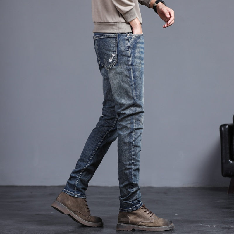 New Spring Summer Men's Jeans Vintage Blue Solid Color Elastic Classic Jeans Men Slim Fashion Denim Pants Male 27-38