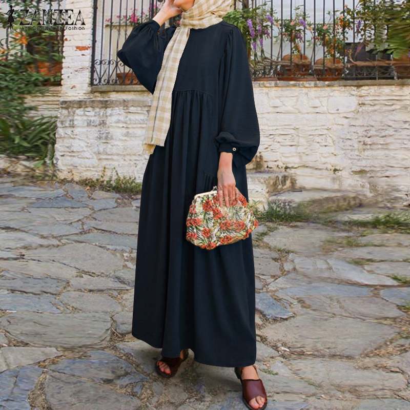 Retro Muslim Dress Women Long Puff Sleeve