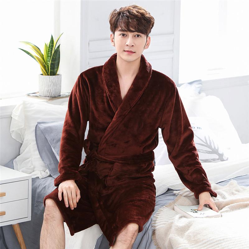 Men Casual Kimono Bathrobe Autumn Winter Flannel Long Robe Thick Warm Sleepwear Plus Size 3XL Nightgown Male Loose Home Wear