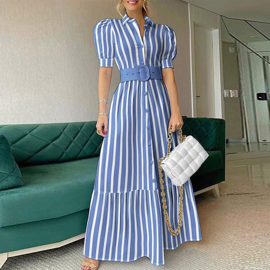 Summer Puff Shoulder Party Dress Spring Solid Button Long Shirt