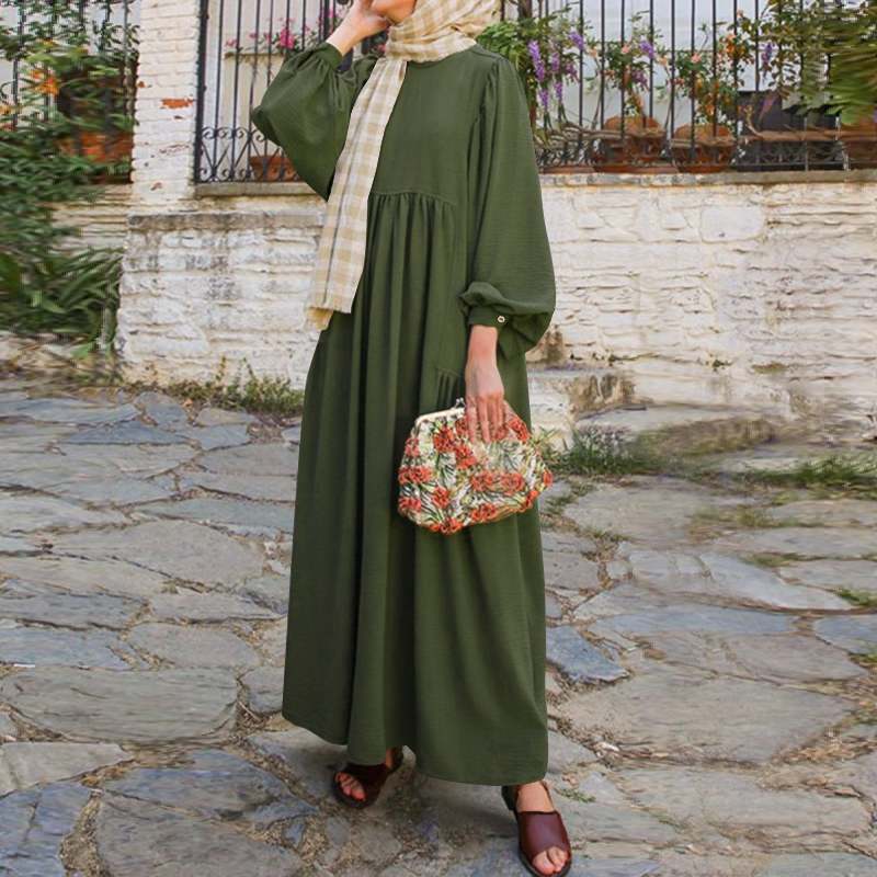 Retro Muslim Dress Women Long Puff Sleeve