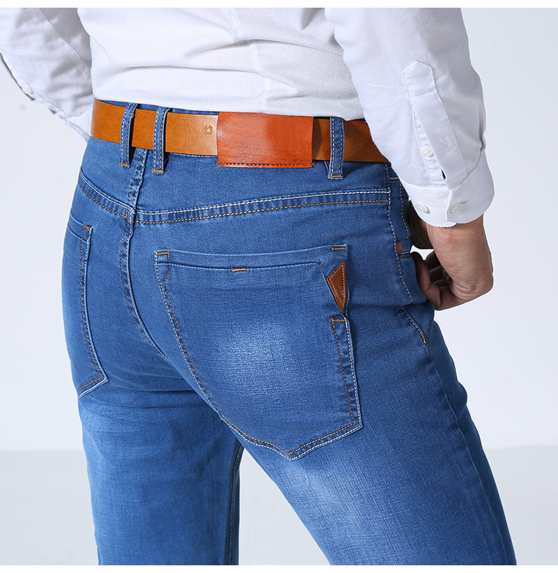 Classic Style Men Brand Jeans Business Casual Stretch Slim Denim Pants Light Blue Black Trousers Male