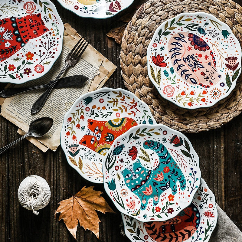 8 inch Colorful Cat Dinner Plate Under-glazed Ceramic Dinner Dishes Dessert Tray Flower Kitten Tableware Microwave Safe