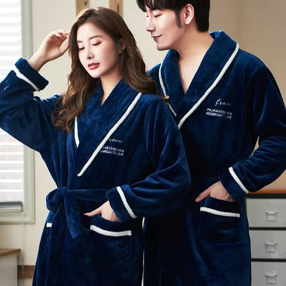 Lovers Coral Fleece Robe Autumn Winter Warm Sleepwear Women Men Thicken Flannel Bathrobe Lounge Nightgown Home Clothes Bigsize