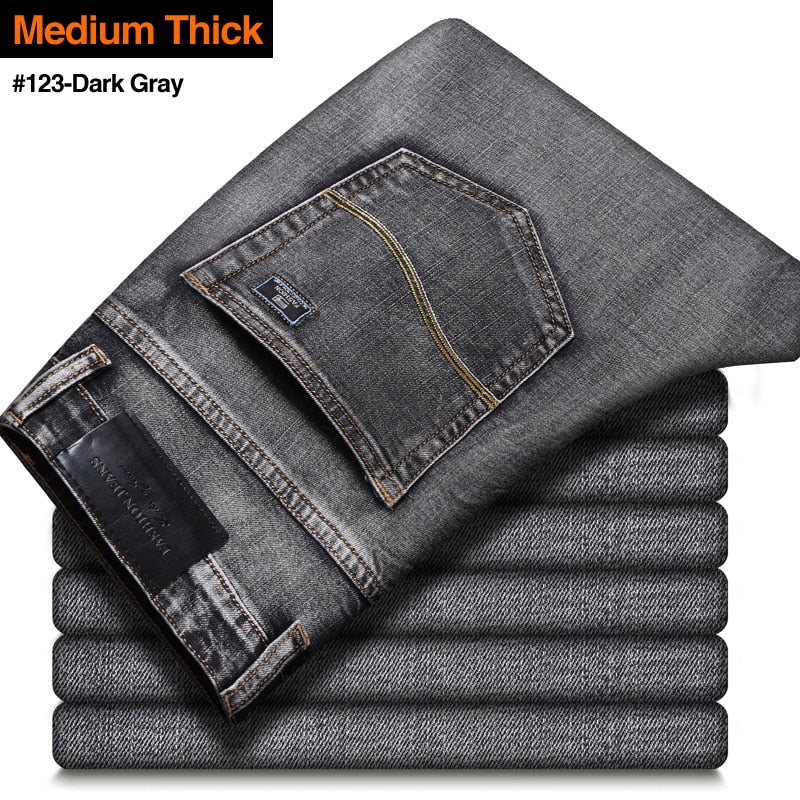 New Men's Stretch Regular Fit Jeans Business Casual Classic Style Fashion Denim Trousers Male Black Blue Gray Pants